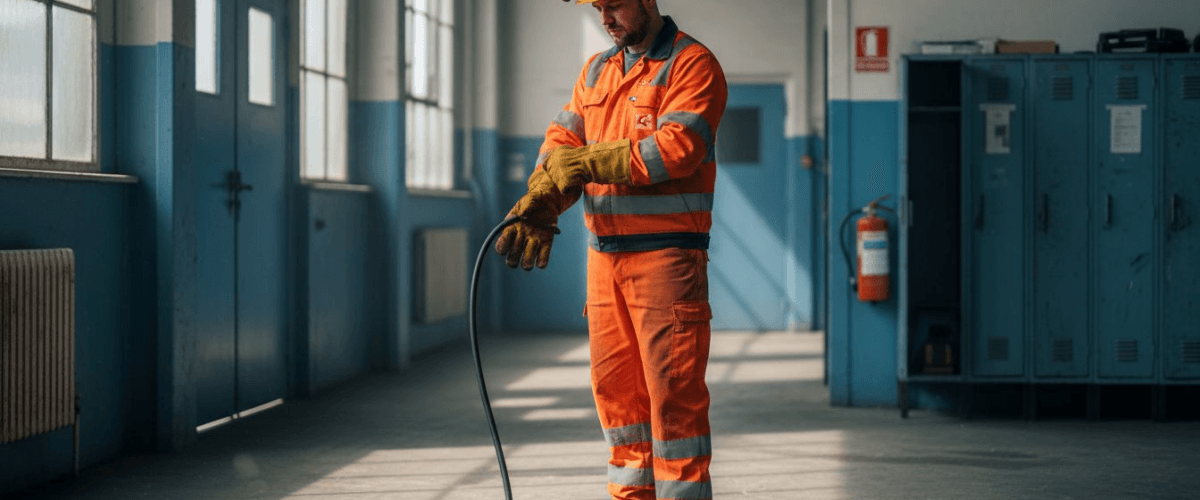 Bevor er die Produktionshalle betritt, legt der Mitarbeiter seine Schutzkleidung an.