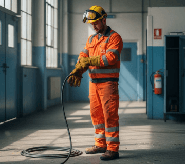 Bevor er die Produktionshalle betritt, legt der Mitarbeiter seine Schutzkleidung an.