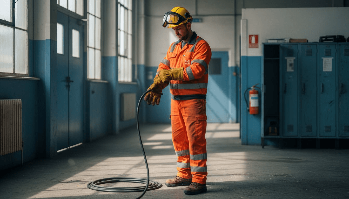 Bevor er die Produktionshalle betritt, legt der Mitarbeiter seine Schutzkleidung an.