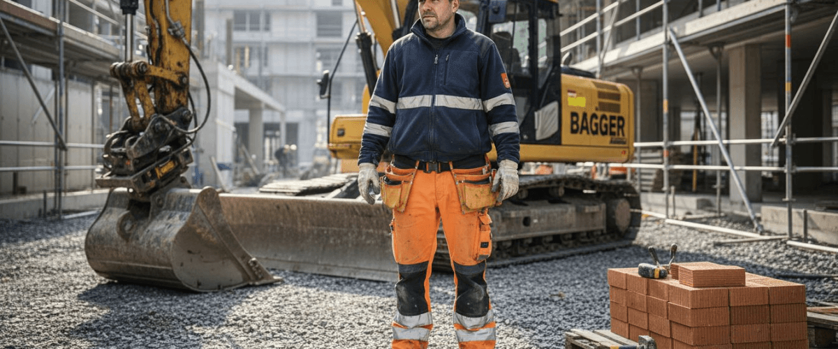 Ein Bauarbeiter steht in typischer Arbeitskleidung auf der Baustelle und geht seiner Arbeit nach.
