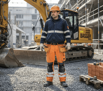 Ein Bauarbeiter steht in typischer Arbeitskleidung auf der Baustelle und geht seiner Arbeit nach.
