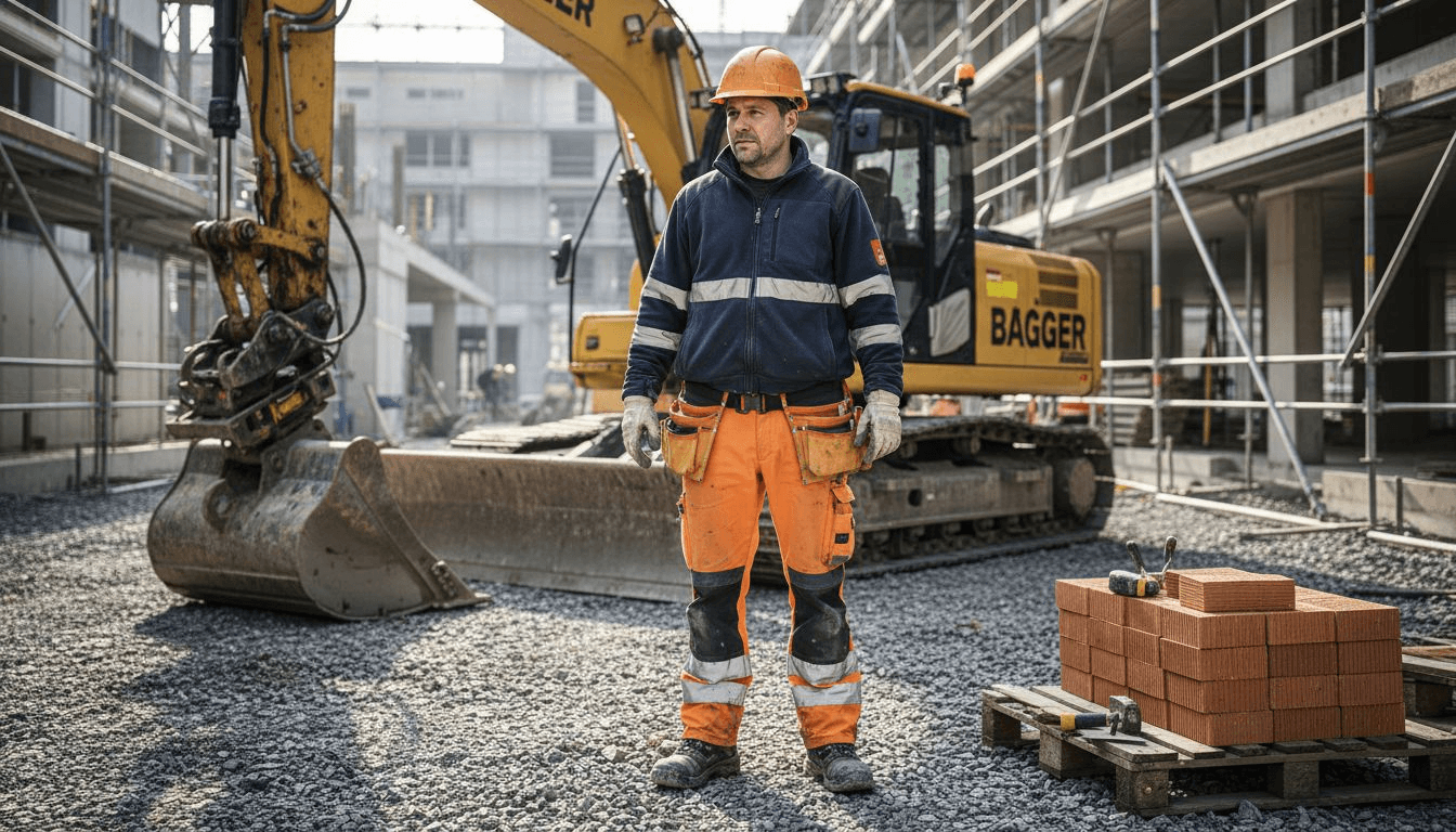 Ein Bauarbeiter steht in typischer Arbeitskleidung auf der Baustelle und geht seiner Arbeit nach.